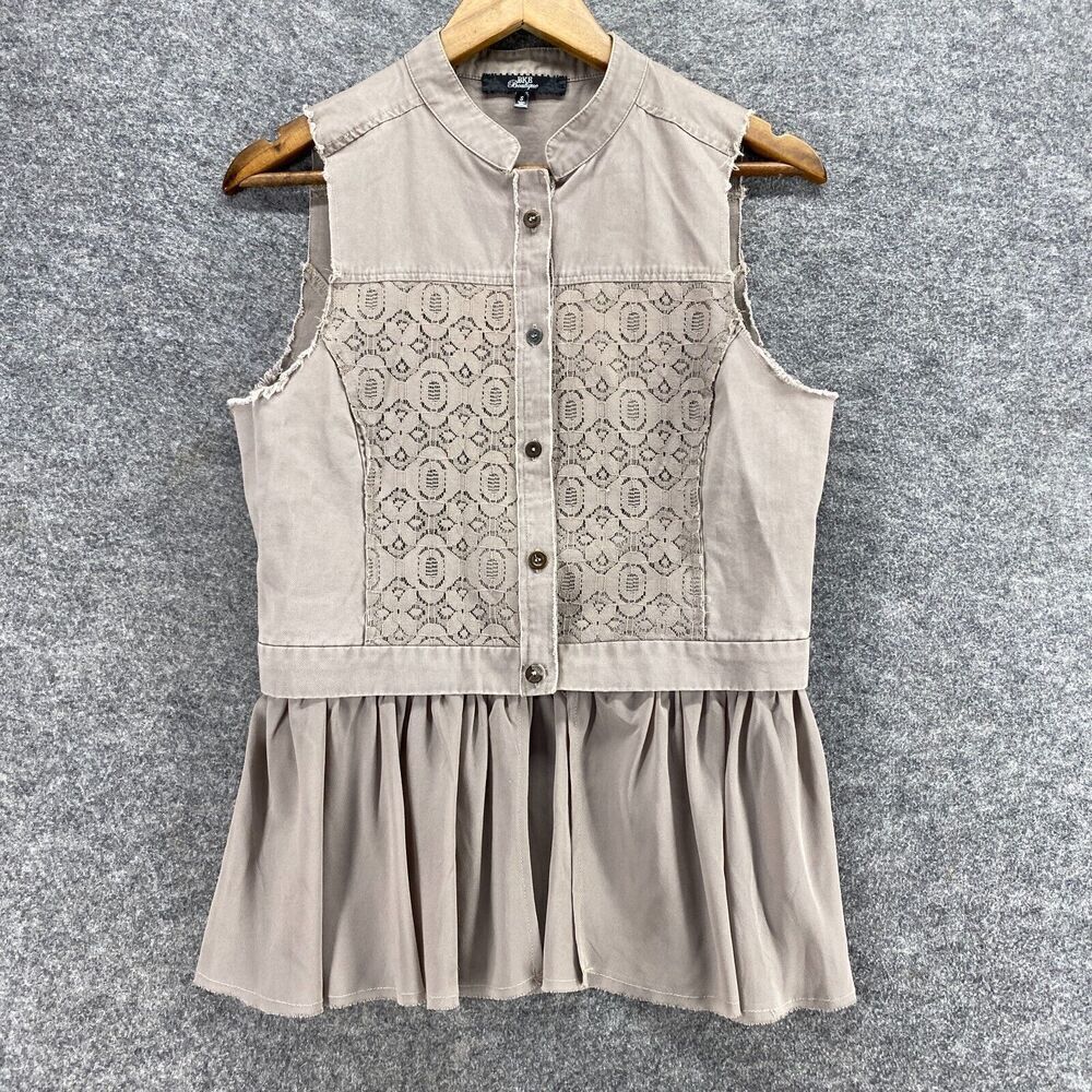 BKE Top Women S Small Gray Button Up Crew Neck Sleeveless Wide Strap Cotton